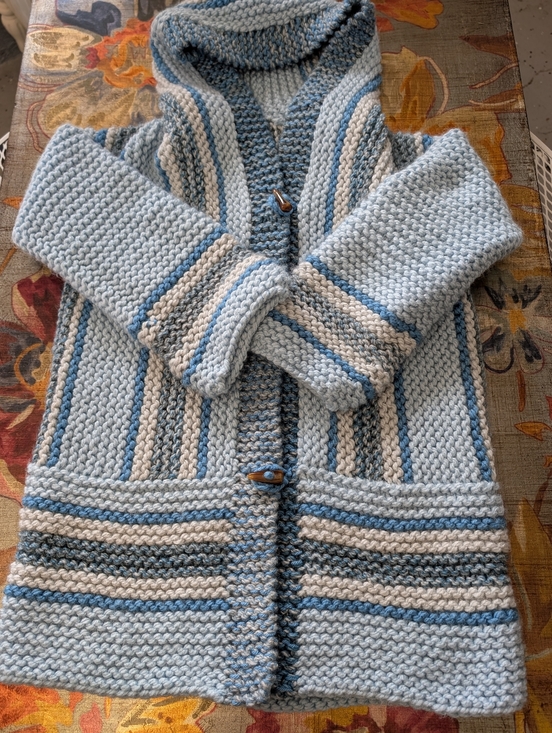 Handmade Sweaters - Hand Knitted Hooded Blue White Cozy Sweater Coat Oversized Bohemian XL